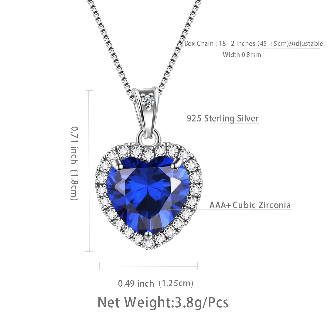 September Birthstone Necklace Women Blue Heart Necklace Sapphire Crystal CZ 925 Sterling Silver Pendant Jewelry Birthday Mother'S Day Gifts Juwaliy